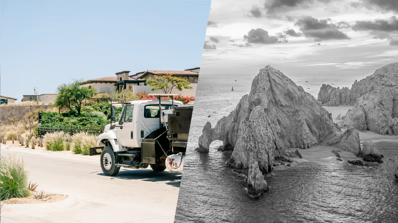 Work truck on a residential road in Los Cabos beside a view of El Arco in Cabo San Lucas