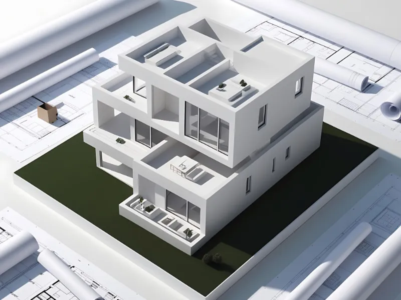 3D architectural model of a modern home resting on construction plans