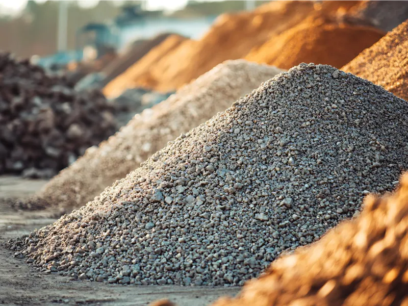 Stockpiles of gravel and sand aggregates for construction