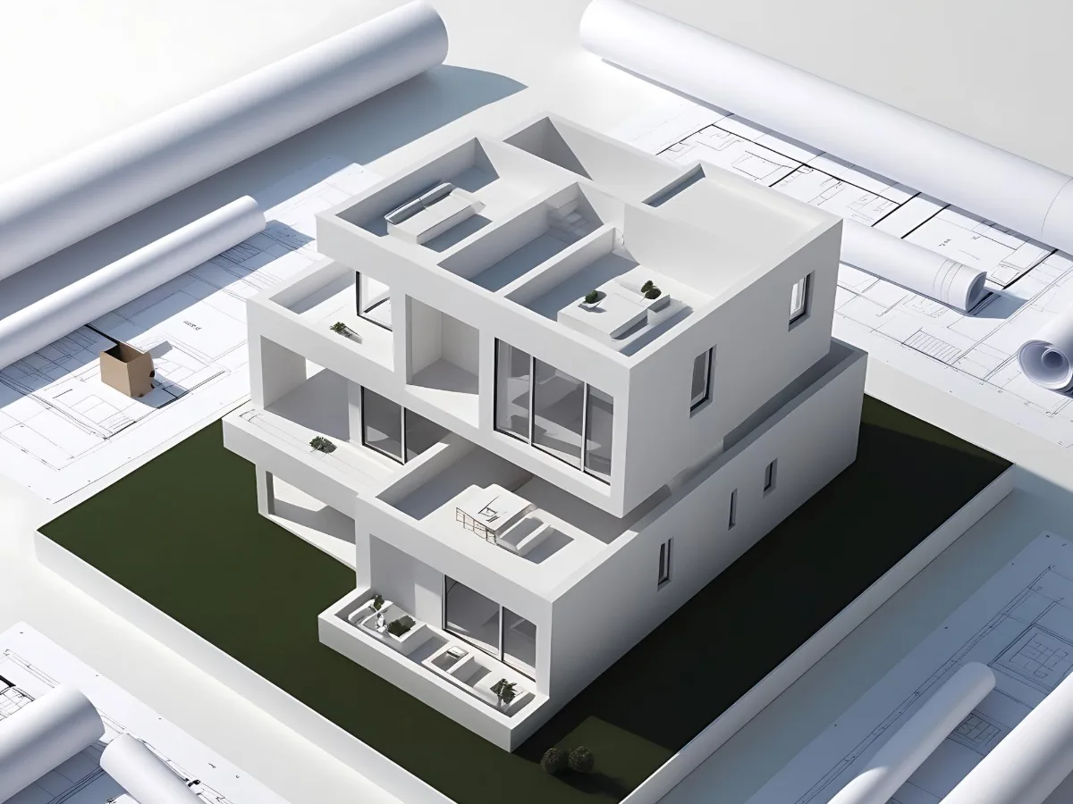 White 3D model of a modern two story house resting on rolled architectural drawings