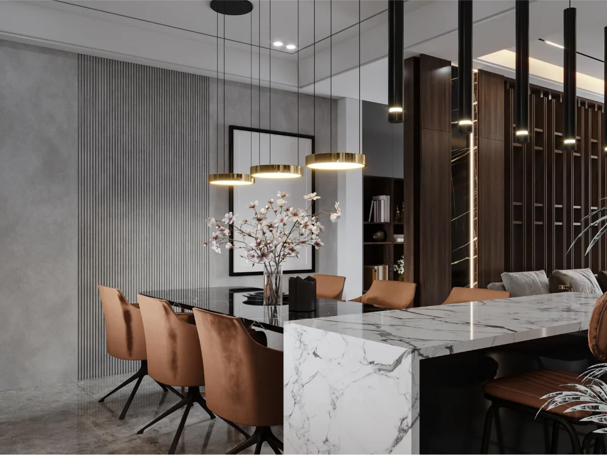 Dining area with leather chairs, a white marble island, brass pendant lamps and dark wooden paneling